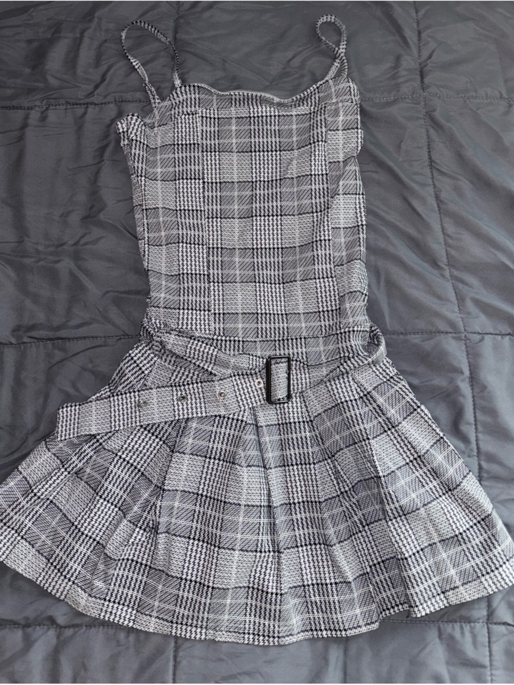 Black & White Plaid Belted Skater Dress